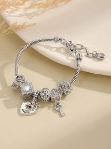 1 Piece European And American Stylish Heart Bow - Heart Flower 2-In-1 Heart Lock Keychain Beads Bracelet - 彩色 - 查看 3
