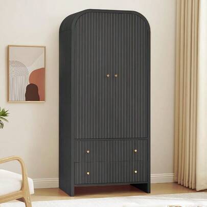Arched Armoire Wardrobe Closet MidCentury Modern 2Door Freestanding Wardrobe With Hanging Rod And 2 Drawers Fluted Carved Clothing Storage Cabinet For Bedroom Black