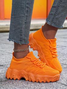 Women's Neon Orange Wavy Sole Casual Sneakers, Lace-Up Design, Suitable For All Seasons, - Orange - View 2