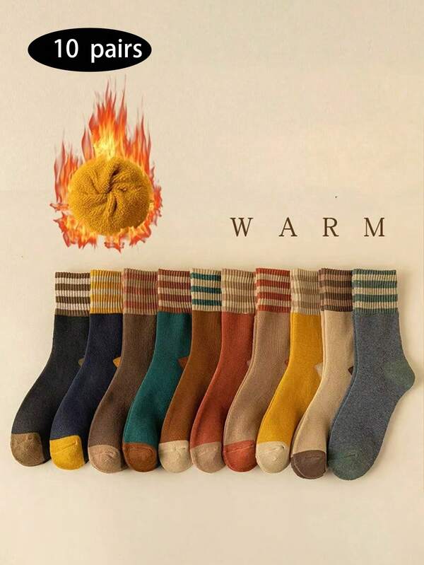 10 Pairs Assorted Color Winter Socks For Men & Women. Genuine Thermal Circle Mid-Calf Socks, Suitable For Autumn & Winter Warmth. Extra Thick Terry Loop Socks For Men & Women In Winter. Unisex Novelty Socks With Colorful Striped Patchwork Design, Suitable For Halloween, New Year And Other Occasions