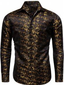 Mens Shirt Long Sleeve Gold Shirts Regular Fit Button Tops Wedding Formal Casual Office Suit Coats - 金色 - 查看 6