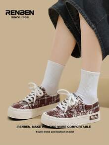 RENBEN 2 piezas/Set Zapatillas de lona con cordones de color marrón casual para mujer, nueva llegada de otoño 2025, estilo de mezclilla, ligeras, suela gruesa, adecuadas para estudiantes de escuela secundaria y universidad