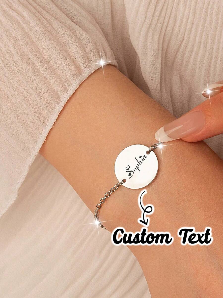 Customized Personalized Bracelet Engraved With Name And Stainless Steel Birth Gift Mom Bridesmaid Gift Classic Stainless Steel Round Coin Bracelet With Pendant Adjustable Women's Calligraphy Letters Handmade Bracelet Commemorate Date With Name Family Jewelry