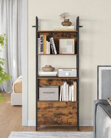 Bücherregal mit 5 Ebenen, Eckregal mit Schublade, Leiterregal, Industrial-Design, mit Stahlrahmen, für Wohnzimmer, Home Office, Schlafzimmer, 24 x 60 x 165 cm,24 x 40 x 165 cm - Vintagebraun-Schwarz - Übersicht 2