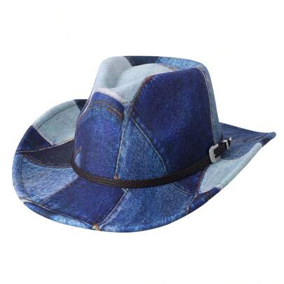 Patchwork Western Denim Hat With Decorative Buckle Classic Cowgirl Cap For Men Women