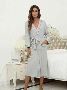 1件女士纯棉浴袍，柔软和服式SPA针织长款浴袍，轻便家居服 - 彩色 - 查看 1