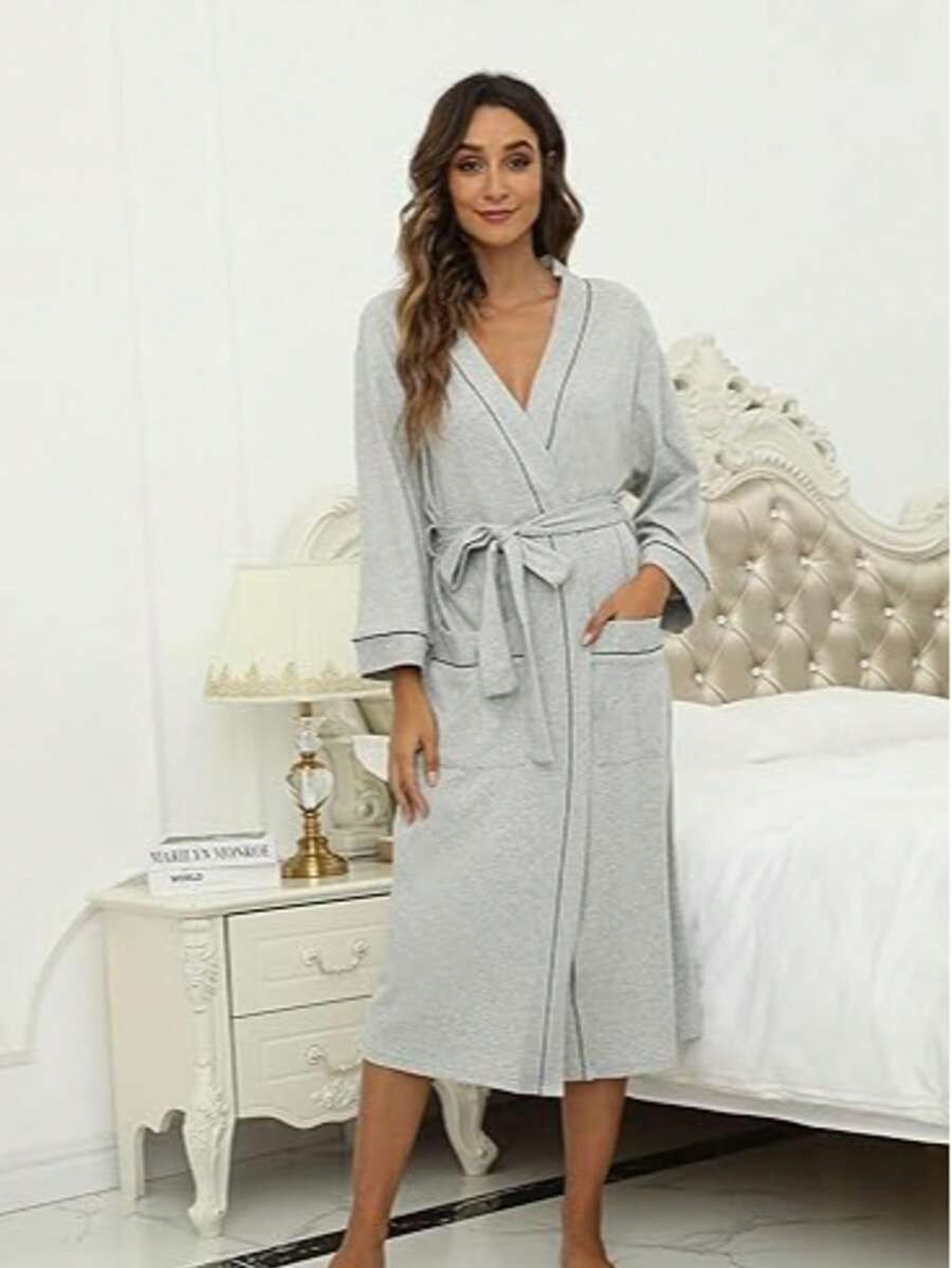 1件女士纯棉浴袍，柔软和服式SPA针织长款浴袍，轻便家居服 - 彩色 - 查看 1