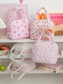 1pc Strawberry Pattern Insulated Lunch Bag, Quilted Thermal Lunch Tote, Food Storage Bag, Quilted Floral Handbag, Reusable Lunch Box, Leak-Proof Lunch Tote, Stylish Insulated Cooler Bag, Cute Lunch Tote, Large Capacity Reusable Thermal Cooler Bag, Home Storage Bag, Suitable For Work, Picnic Or Travel, School, Christmas Gift, Back To School Season - Multicolor - View 2