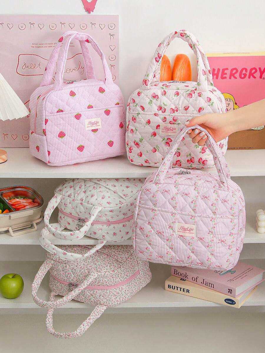 1pc Strawberry Pattern Insulated Lunch Bag, Quilted Thermal Lunch Tote, Food Storage Bag, Quilted Floral Handbag, Reusable Lunch Box, Leak-Proof Lunch Tote, Stylish Insulated Cooler Bag, Cute Lunch Tote, Large Capacity Reusable Thermal Cooler Bag, Home Storage Bag, Suitable For Work, Picnic Or Travel, School, Christmas Gift, Back To School Season