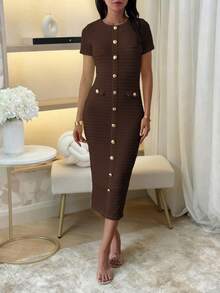 Unadoll Women's Spring Short Sleeve Round Neck Zip Front Dress, Decorated With Buttons, Back Slit Design, Elegant And Charming, Suitable For Dates, Commuting, Weddings, Valentine's Day, Birthdays And Formal Occasions - Brown - View 7