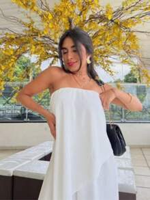 Long Asymmetrical Strapless Pantaloon Jumpsuit Spring Summer - White - View 2