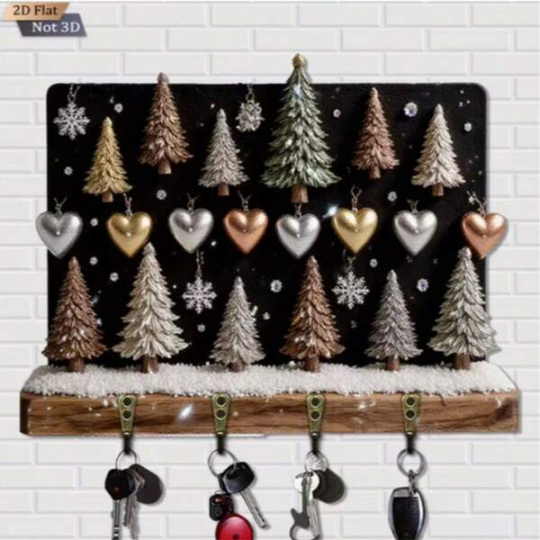2D Flat Christmas Tree Key Holder With Heart Shape, Multifunctional Wooden Key Rack With 4 Metal Hooks, Suitable For Wall, Porch, Room, Villa Decoration And Year-Round Home Decor (11.8"X9"), Key Organizer, Entryway Decor, Wooden Wall Art, Heart Pattern, Durable Wood, Home Accessory, Wall-Mounted Rack, Home Storage, Interior Design
