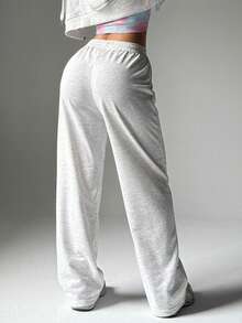 Calças esportivas femininas de cor sólida com cós elástico, calças casuais de corrida e fitness