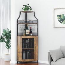 Belect 4-Tier Corner Wine Bar Rack Cabinet With Detachable Wine Rack, Bar Cabinet With Glass Holder, Free Standing Corner Storage Cabinet With Mesh Door For Home Kitchen Dining Room - Brown - View 1