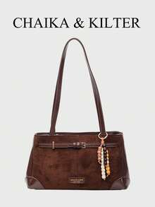 CHAIKA & KILTER 1pc Solid Color Suede Fabric Shoulder Bag For Women, Retro Fashion Square Bag, Double Handle Design, Zipper Closure, Strap Decor, Suitable For Daily And Outdoor Use (Sold With Pendant) - Coffee - View 2