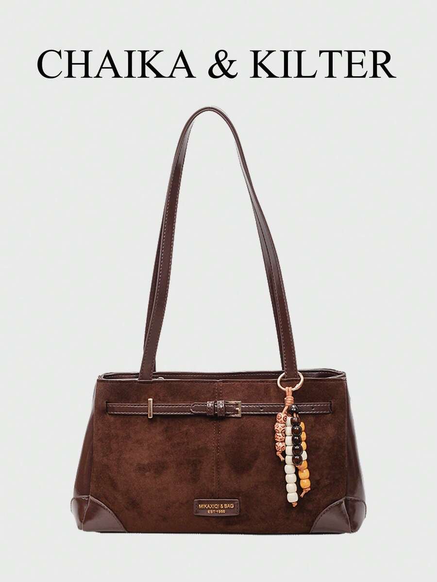 CHAIKA & KILTER 1pc Solid Color Suede Fabric Shoulder Bag For Women, Retro Fashion Square Bag, Double Handle Design, Zipper Closure, Strap Decor, Suitable For Daily And Outdoor Use (Sold With Pendant)
