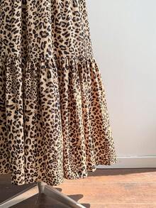 Rusttydustty Vestido de manga larga con estampado de leopardo, cintura elástica, bajo con volantes, estilo resort occidental, adecuado para festivales de música - Marrón - Ver 3