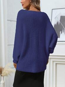 Plus Size Solid Color Batwing Sleeve Loose Pullover Sweater - Blue - View 2