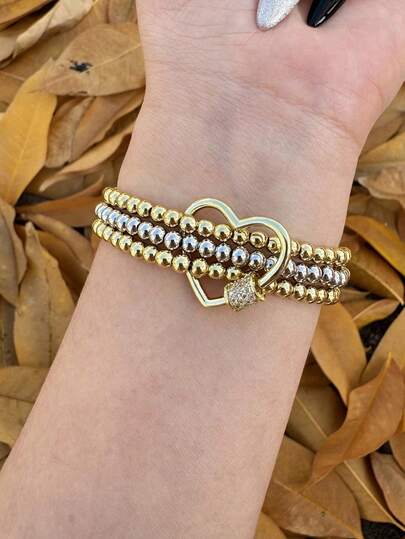 1pc Fashionable Delicate Heart-Shaped Personalized Luxurious Copper Alloy Rhinestone Multilayer Beaded Bracelet, Suitable For Women's Daily, Date, Party Outfits