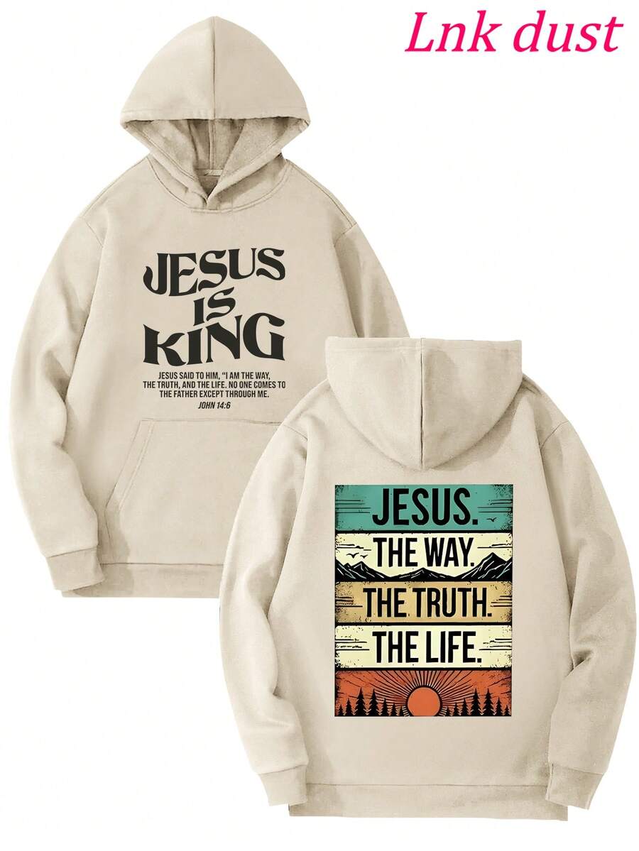 Y2K "Jesus: The Way, Truth, Life – Vintage Faith Hoodie" Print,250g Polyester Men's And Women's Clothing Casual And Cozy Hoodies Leyo,  Long Sleeve Hooded Sweatshirt, Casual Versatile Top For Autumn Winter - Màu be - Xem 1