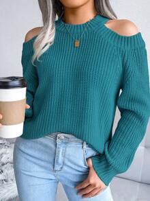 Casual Round Neck Off-Shoulder Solid Color Long Sleeve Knit Pullover Sweater, Autumn/Winter Spring - Peacock Blue - View 5