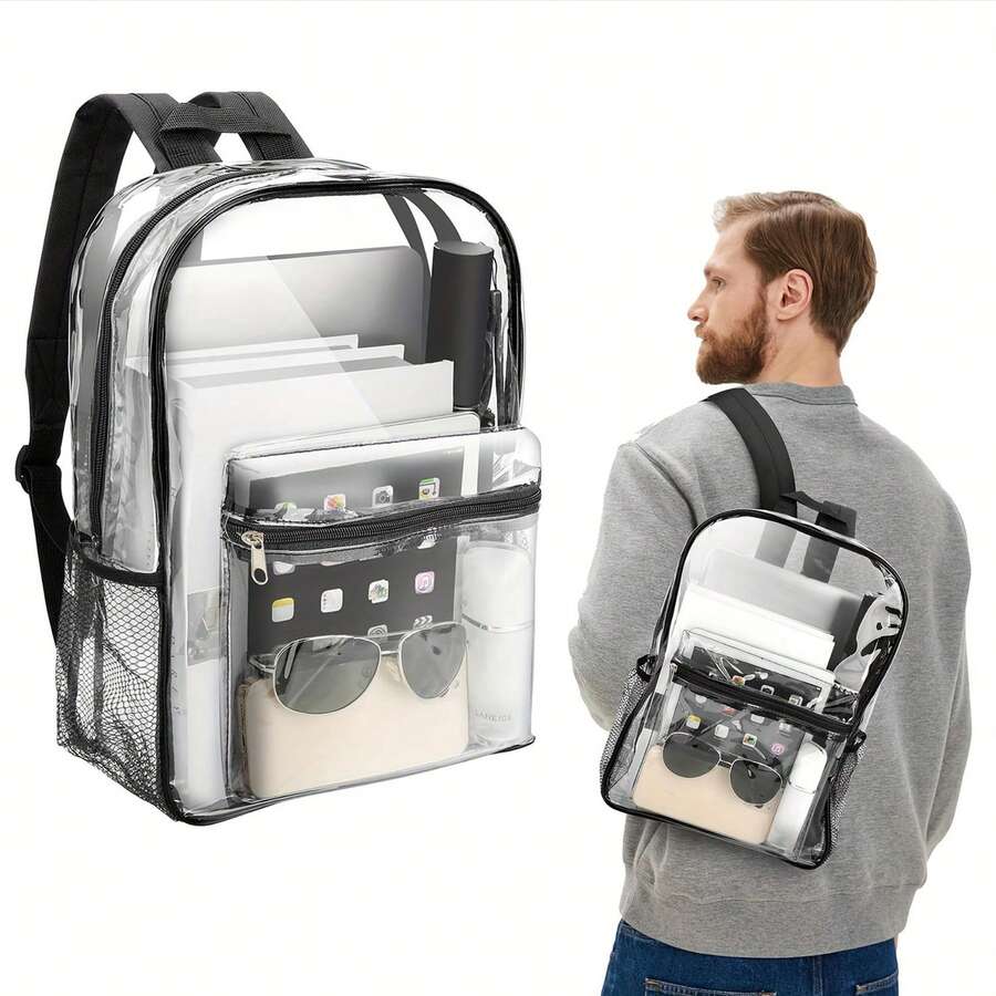 Mochila transparente de alta calidad en PVC - Bolsa transparente de gran capacidad con correa para el hombro ajustable y múltiples compartimentos, diseño acolchado, adecuada para ir al trabajo, deportes, viajes, también se puede usar como regalo del Día de la Madre