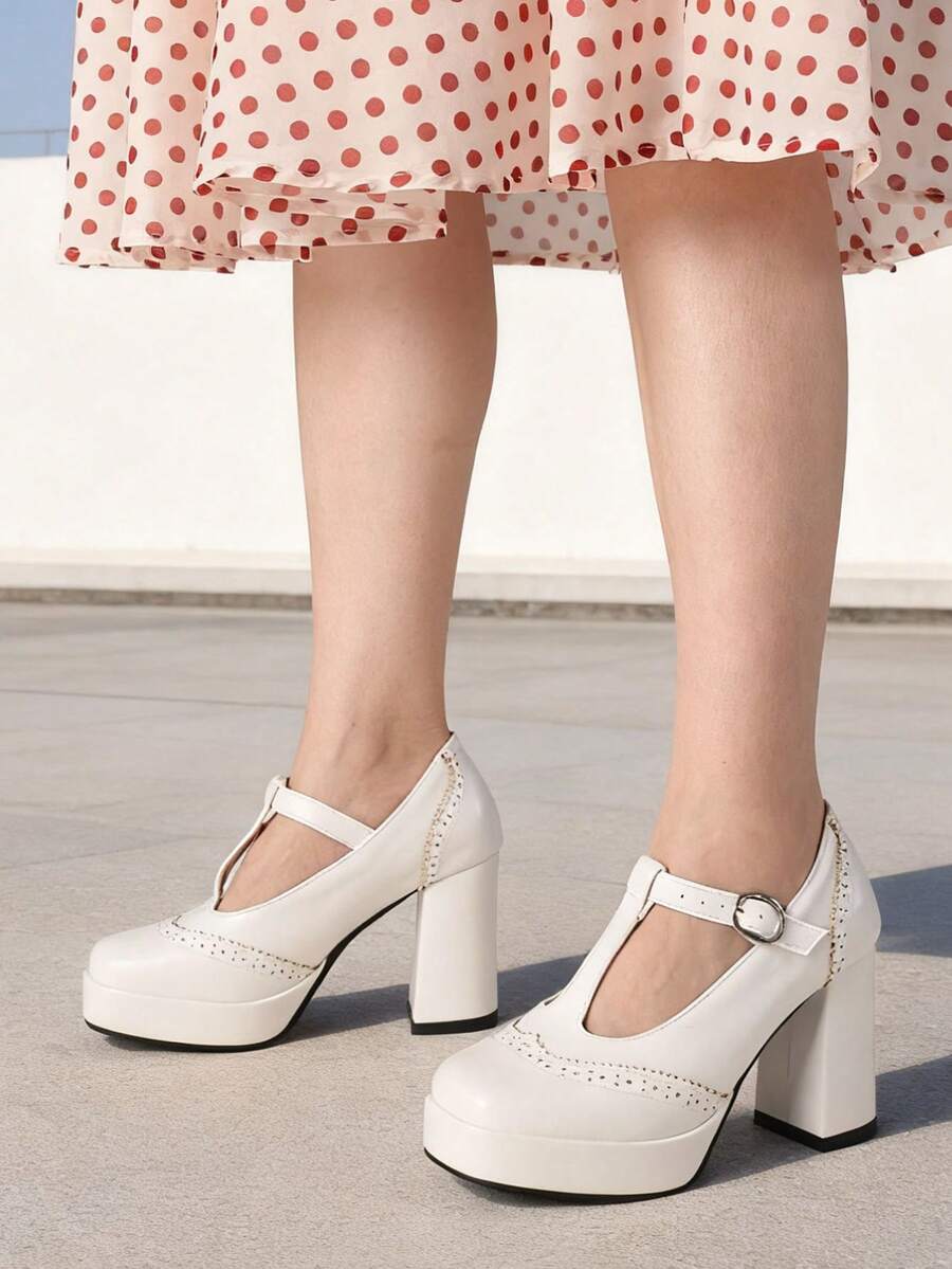 Womens Square Toe Mary Jane Shoes Outdoor Retro Oxford Wingtip Platform Pump Preppy Ankle Buckle Strap Office Shoes Dress Wear Footwear - trắng - Xem 1