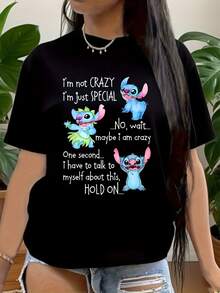 T-Shirt,  Stitch And Lilo Print T-Shirt, Disneyland Shirt, Stitch And Friends Shirt,  Cartoon Character Tee Suitable For Birthday Gifts, Ideal For Daily Activities, Holiday Party, Sports And Travel, 220g - 黑色 - 查看 1