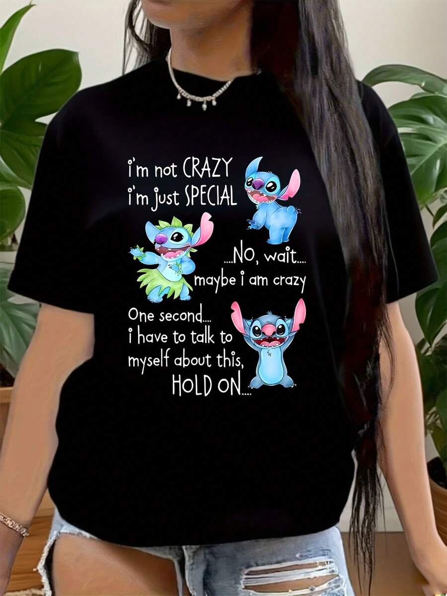 T-Shirt,  Stitch And Lilo Print T-Shirt, Disneyland Shirt, Stitch And Friends Shirt,  Cartoon Character Tee Suitable For Birthday Gifts, Ideal For Daily Activities, Holiday Party, Sports And Travel, 220g - 黑色 - 查看 1