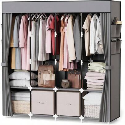 Clothes Organizer With 4 Hanging Rods, Portable Closet Wardrobe, Non - Woven Fabric Cover, Large Capacity Storage Bedroom And Living Room, Black, 67x 17 Dx 67 H