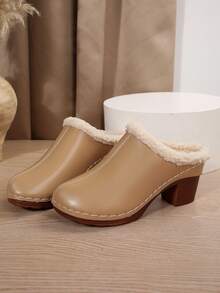 Pantuflas de mujer tipo mula de estilo retro con, parte superior + ribete cálida + costura blanca + diseño de tacón grueso, estilo casual vintage para uso diario, ir y venir, compras, atuendos versátiles, cómodas y de moda, forro