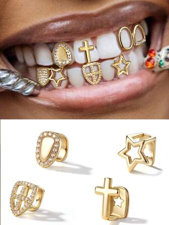 novani 4Pcs Fashionable Hollow Star & Cross Tooth Grillz, Single Grills For Your Teeth, Gold Plated Tooth Cap Fake Braces, Rhinestones Grillz Teeth For Men Women, Vampire Faux Top Teeth Kit, Hip Hop Jewelry With Molding Bars