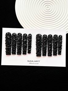 56mm Unghie quadrate extra lunghe fatte a mano, con punte di colore solido dai toni scuri, design minimalista con glitter e strass 3D full cover - Unghie finte fatte a mano con glitter per feste, uso quotidiano, eventi speciali e arte di unghie creativa - 10 pezzi/confezione