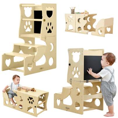4-In-1 Foldable Wooden Learning Tower Step Stool For Toddlers - Hardwood & MDF Construction With Chalkboard Panel, Study Rail & Paw Print Cutouts - Multi-Functional Step Stool, Table & Chair For Kitchen, Bathroom, Nursery - Natural Wood Finish, No Screws/Electrical Assembly Required, Step Stool For Kids, Stool, Foldable Step Stool, Folding Stand Stool For Kids, Stool, Playful Design, Sturdy Build, Young