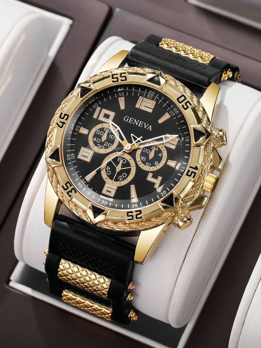 1pc Men's Silicone Watch, Classic Fashion Three-Eye Digital Scale Dial, Stylish Sporty Quartz Wristwatch (1pc/Set), Watch Box Not Included - Black - View 1