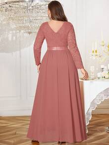 Plus V-Neck Floral Lace Contrast Chiffon Rhinestone Ribbon Waist Formal Party Long Dress, Wedding Guest Dress, For Birthday, Graduation, Homecoming - Dusty Pink - View 3