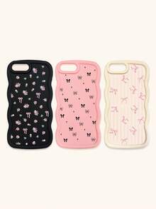 Black White Pink Bowknot Fashion Phone Cases 3pcs Dopamine Themed Wavy Edge Bowknot Pattern Phone Cases Compatible With IPhone & Galaxy Phones Spring Gift - Multicolor - View 33