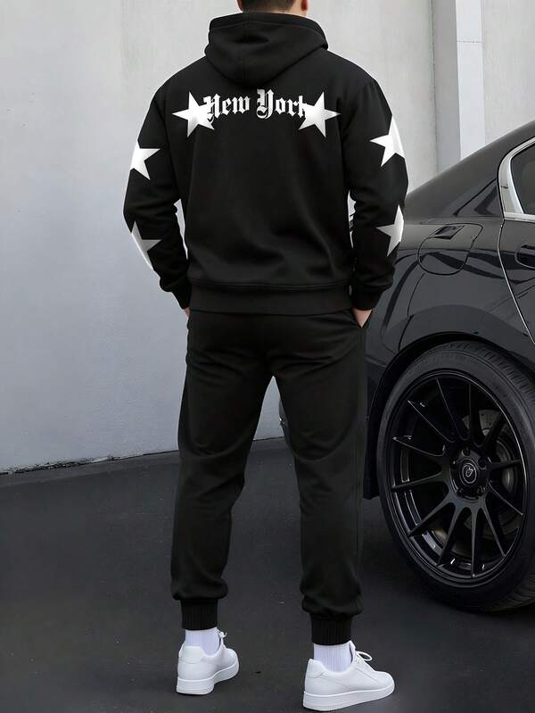 Men's Star & Letter Print Hoodie And Pants Set, Black