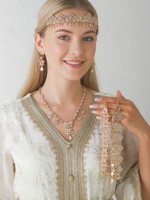 A Set Of Fashion Jewelry Headdress Combination With Necklace And Earrings, Variety Of Colors And Styles Suitable For Wedding, Daily Wear, Party - Gold Style, White Rhinestone, Versatile Bridal Accessory Set