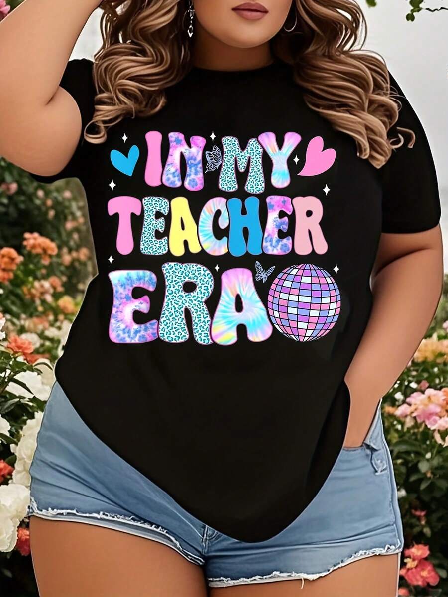 In My Teacher Era T-Shirt Women's Cute Pastel Tie Dye Print Graphic Tee For Teachers, Back To School Gift, 90s Nostalgia Fashion, Fun Summer Top For Women And Girls - 黑色 - 查看 1