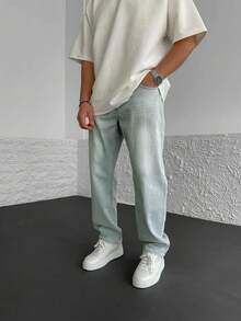 Jeans de rue décontractés, jambe droite ample de couleur claire lavée pour hommes - Jean clair - Voir 1