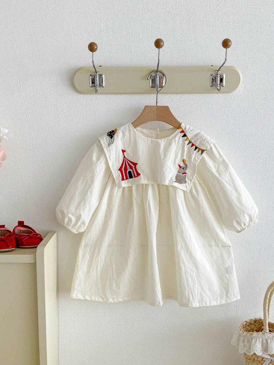 Autumn Baby Girls' Navy Collar Embroidered Long Sleeve Dress - Apricot - View 1