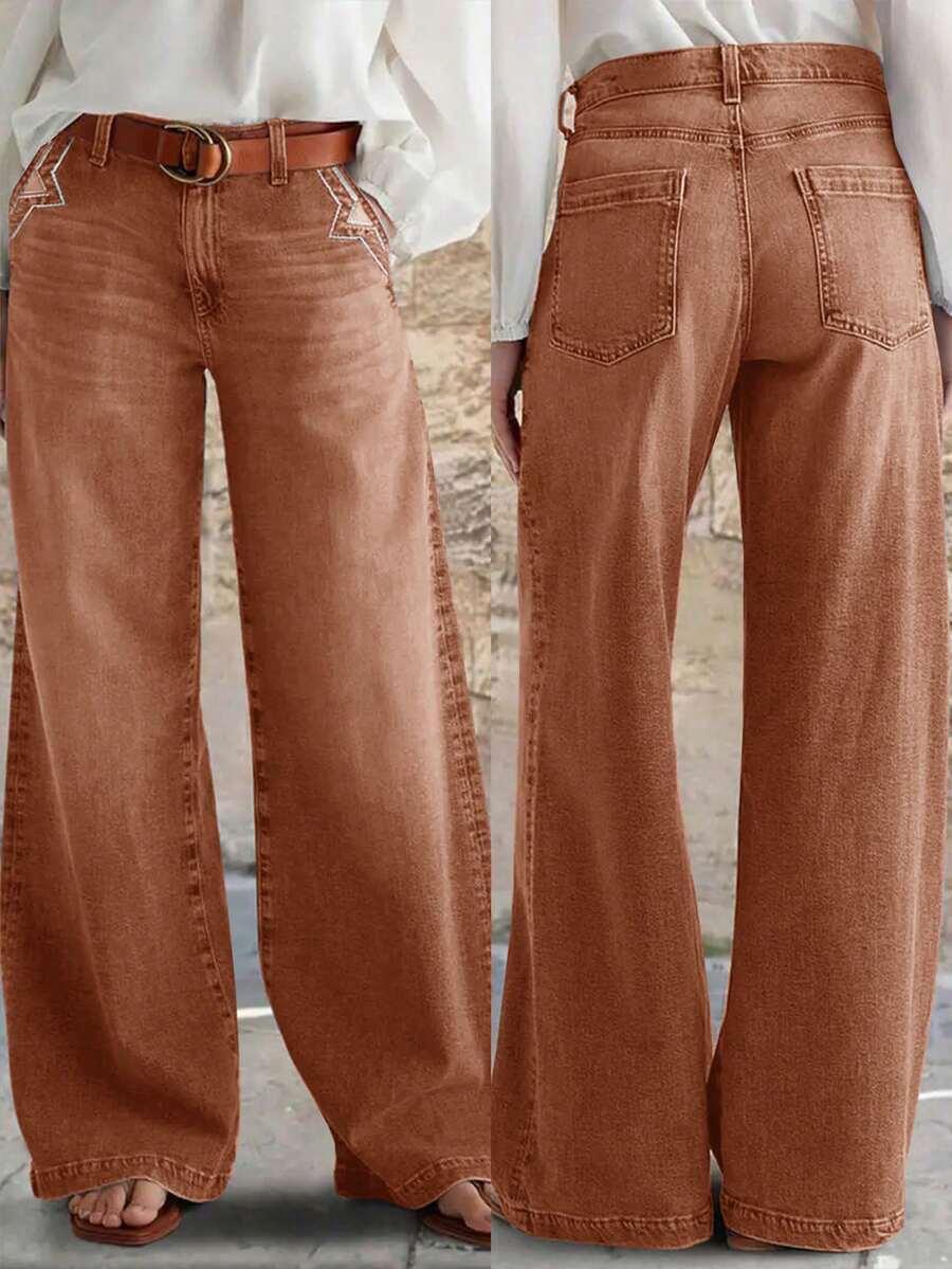 Women's New Distressed Stretch Wide Leg Straight Jeans Casual Spring - Coffee Brown - View 1