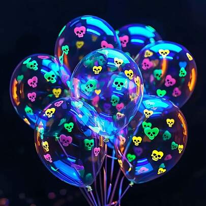 30pcs 12-Inch UV Reactive Glow In The Dark Skull Balloons, Suitable For Birthday, Wedding, Valentine's Day, Autumn Parties And Night Events, Great For Halloween Decorations, Christmas Decorations, Night Parties, Romantic Decor, With UV Reactive And Luminous Effects, Vibrant Colors, Durable Balloons, Ideal For Party Organizers And Event Planners