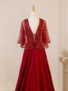 优雅V领蕾丝拼接雪纺中世纪亮片开衩长裙，女士 - 紅色 - 查看 7