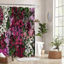 Water-Resistant Floral Shower Curtain, All-Season Knit Weave Polyester Bathroom Decor With Plant Theme, Digital Print Flower Garden Design, Machine Washable With Hooks Included Christmas Decor