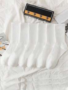 6 đôi tất thể thao màu trơn co giãn cao đến bắp chân cho trẻ em Unisex màu trắng tinh khiết, tất học sinh, mùa thu/đông - trắng - Xem 5