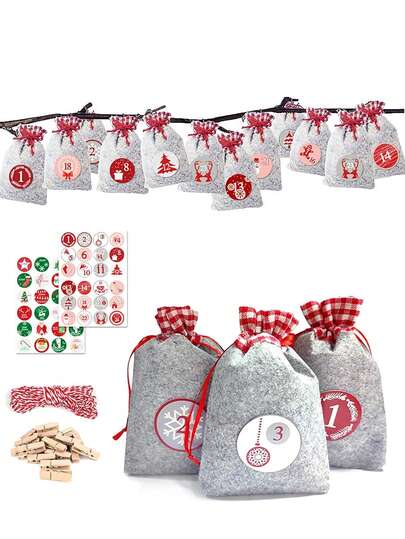24 件 DIY 圣诞降临节日历倒计时糖果袋抽绳亚麻束口袋可重复使用圣诞家居装饰圣诞装饰品房间装饰