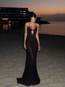 Basrey Nouvelle robe de cocktail élégante sans manches à col en V et dos ajouré noire/robe de soirée/robe sirène, convient pour les dîners de gala, les vacances à la plage et autres occasions de mariage au printemps - Noir - Voir 10
