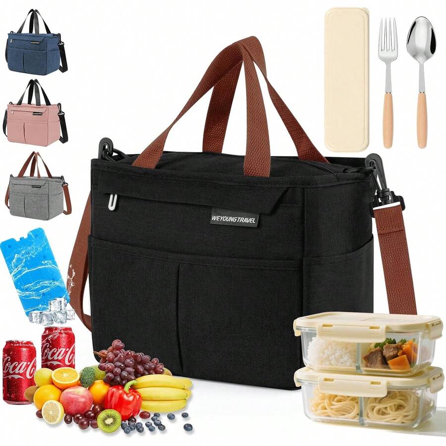 FUWEN Gran Capacidad Bolsa del Almuerzo, Bolsas Térmicas para Hombres y Mujeres Reutilizable, con Correa, Tenedor, Cuchara, Cristales Hielo, Forro a Prueba de Fugas, para Picnic, Trabajo, Camping - Rosa - Ver 1